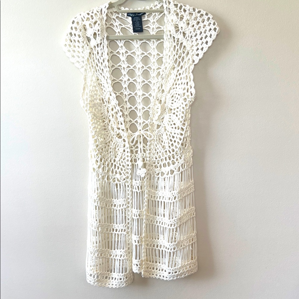 Simply Irresistible Ivory Crochet Cardigan Women M Open Knit Tie Front Boho EUC